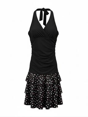 Black Halter Dress with Pink & White Polka Dot Ruffled Skirt By Taboo